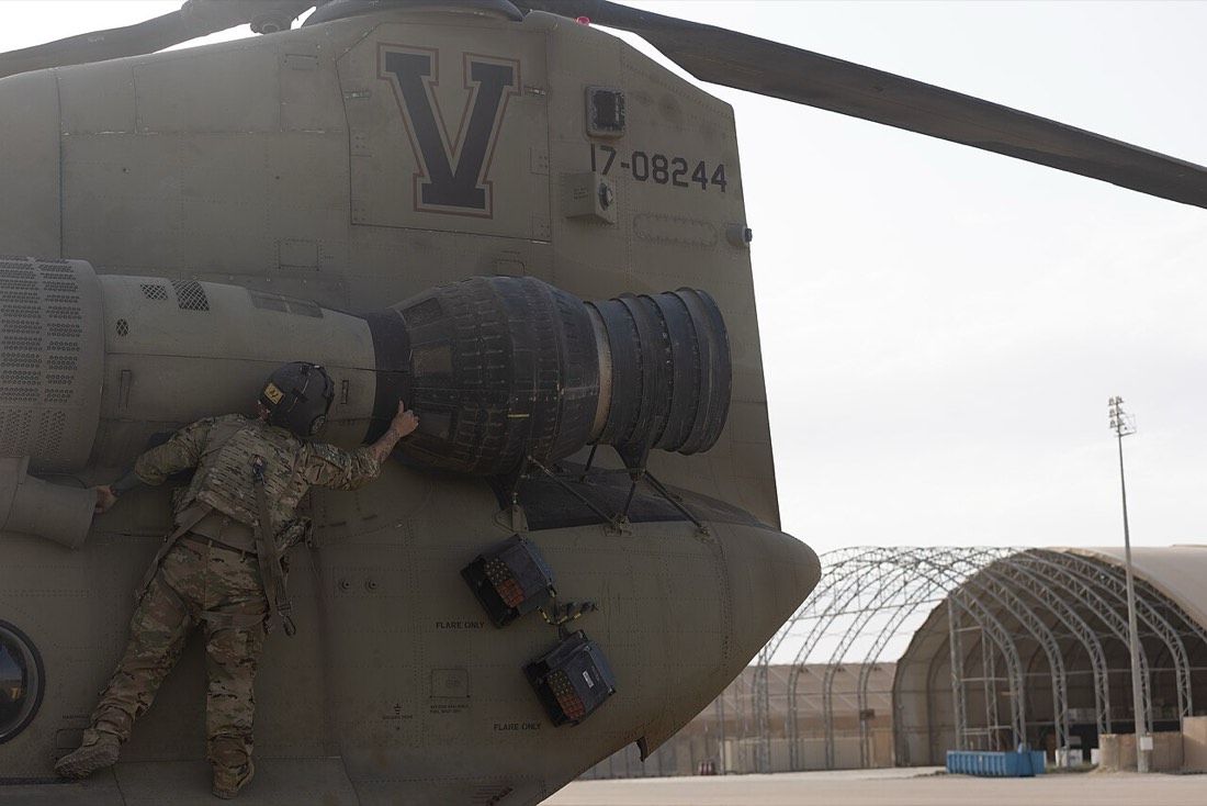 CH-47 Chinook engine preflight inspection. U.S. Army photo.